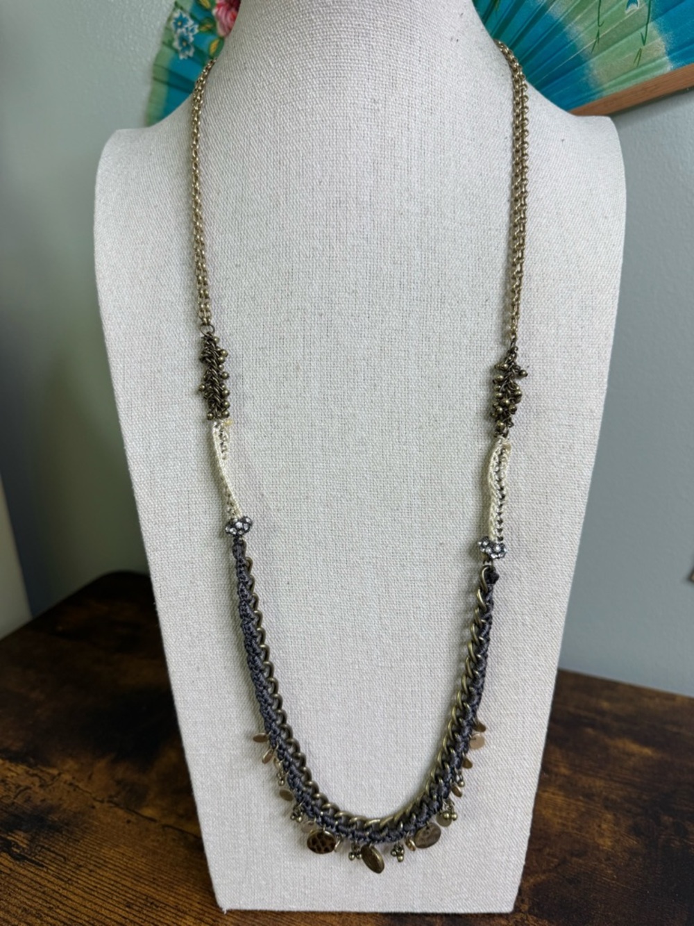 LOFT Hammered Brass Disc and Macrame Mixed Media Necklace 32 Inch